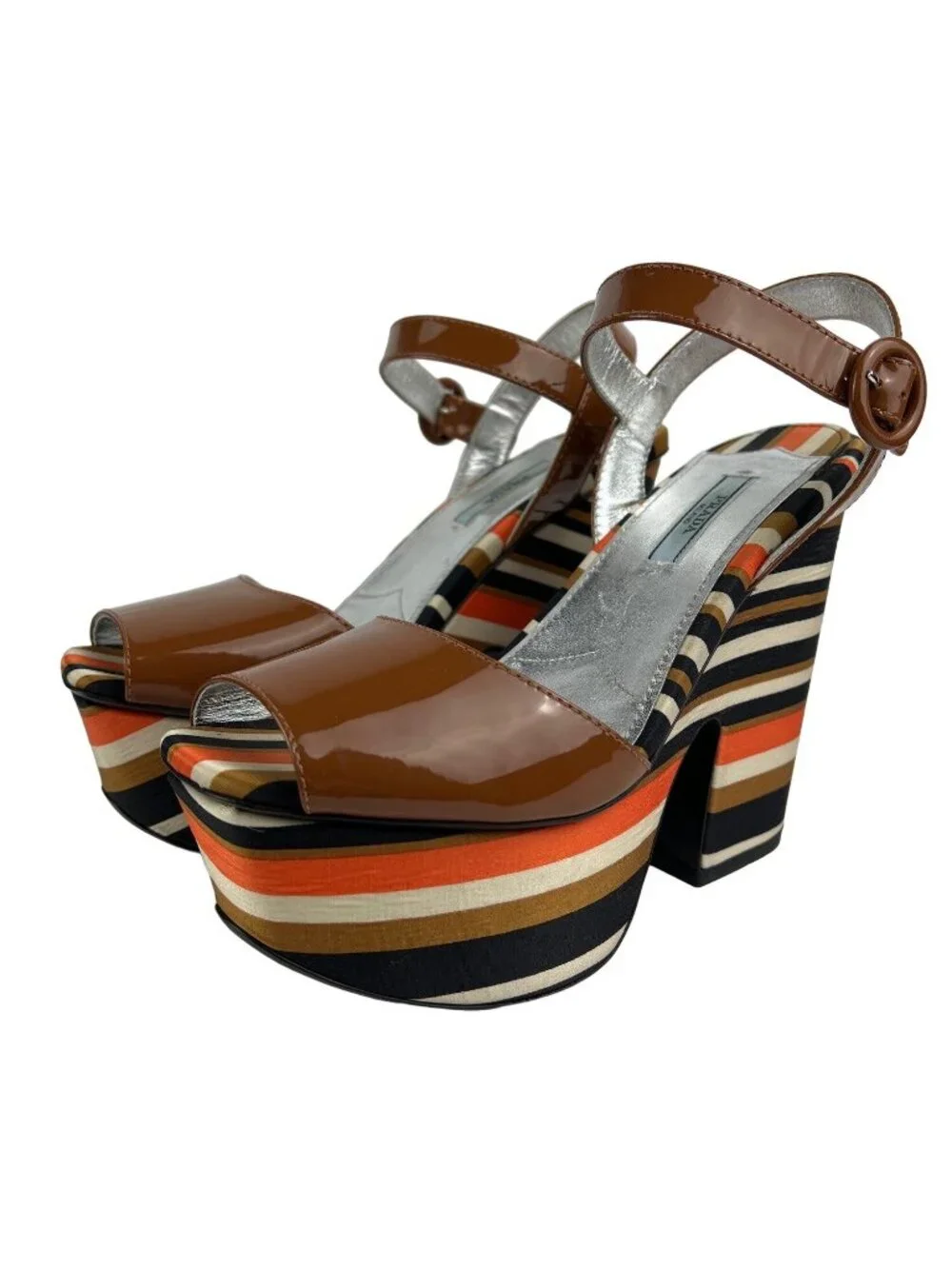 Prada Brown Patent Leather Peep-Toe Platform Heels With Striped Fabric Size 8.5